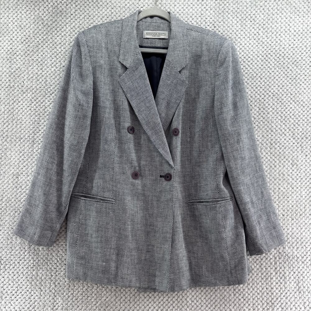 Amanda Smith Blazer Jacket Womens 16 Black White Pure Linen Shoulder Pads Career